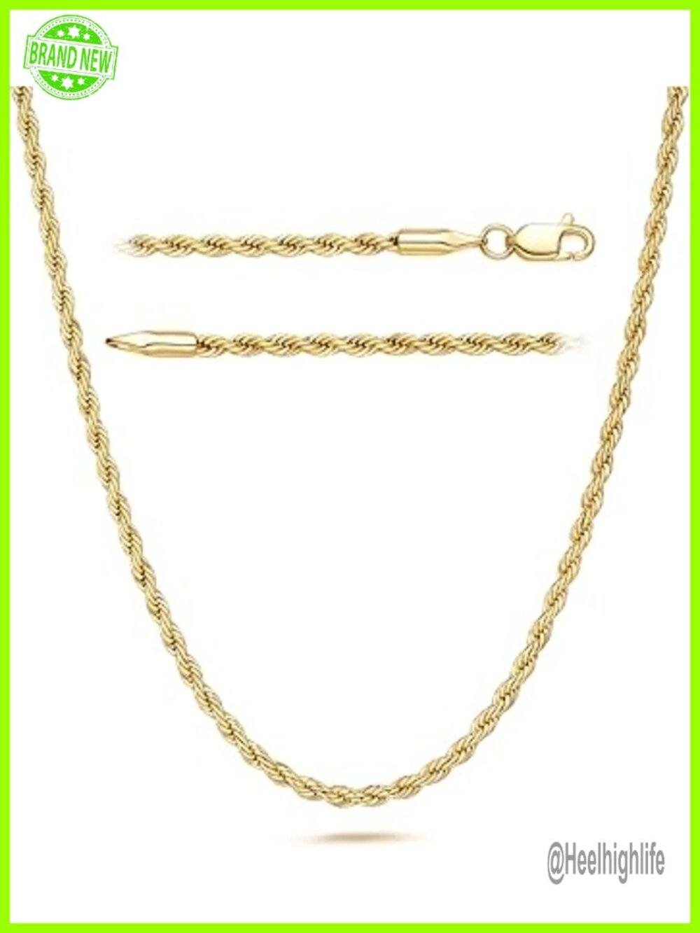 14K Gold Plated Rope Chain Necklace for Women Men 18in
